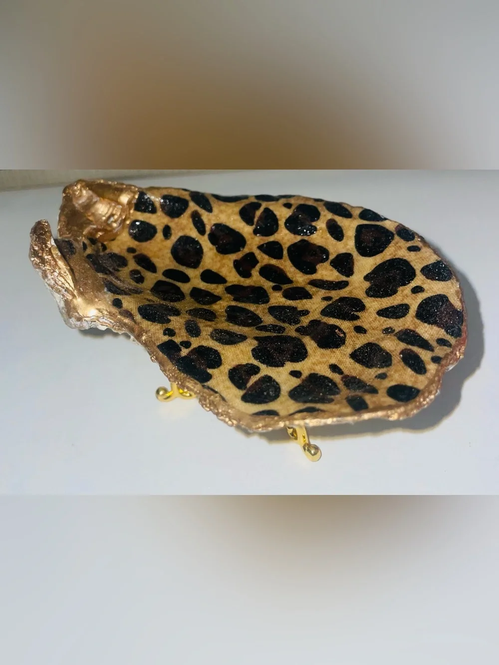 Handcrafted Leopard Print Oyster Shell Trinket Dish Coastal Glam Decor